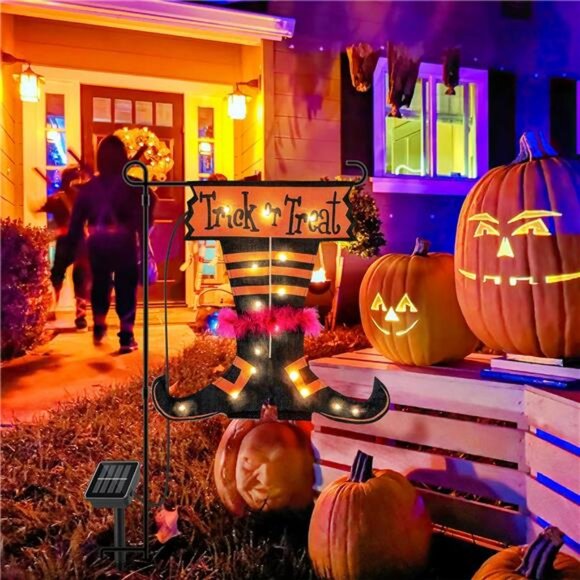 Halloween Trick Or Treat Garden Flag Solar Light w/o Flag Pole 16 Warm White LED - Picture 2 of 8